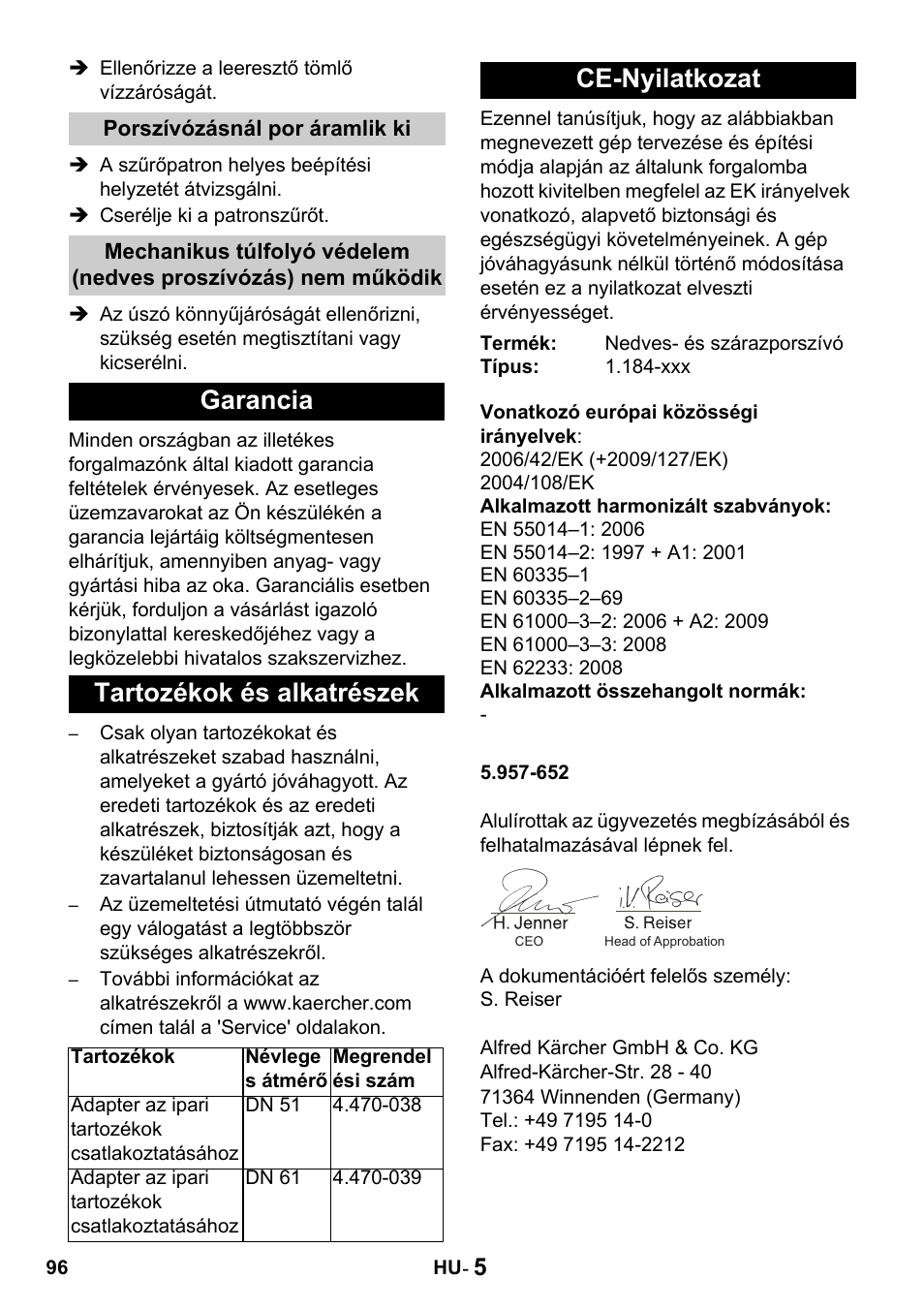 Garancia tartozékok és alkatrészek, Ce-nyilatkozat | Karcher Промышленный пылесос NT 802 IV User Manual | Page 96 / 176
