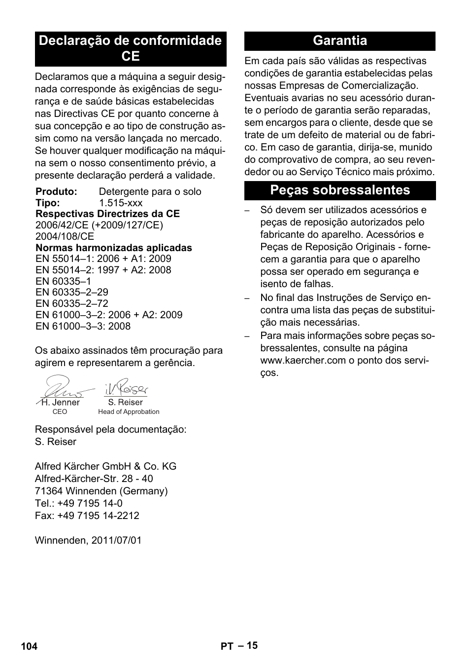 Declaração de conformidade ce, Garantia peças sobressalentes | Karcher BR 40-25 C Bp Pack User Manual | Page 104 / 136