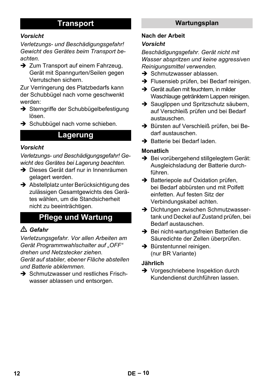 Transport lagerung pflege und wartung | Karcher BR 40-25 C Bp Pack User Manual | Page 12 / 136