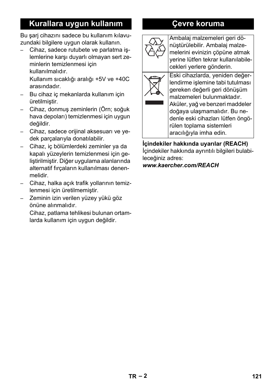 Kurallara uygun kullanım çevre koruma | Karcher BR 40-25 C Bp Pack User Manual | Page 121 / 136