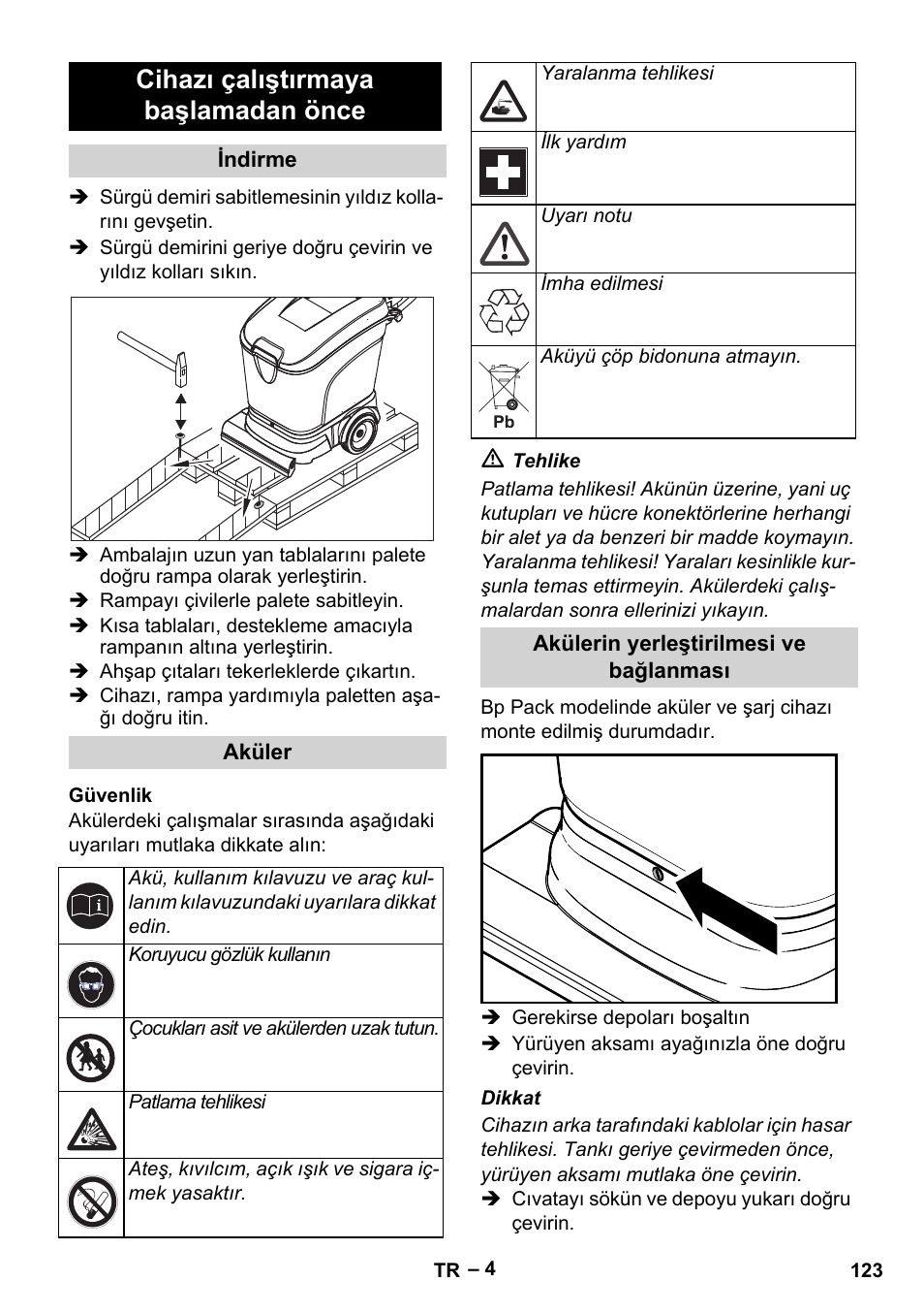 Cihazı çalıştırmaya başlamadan önce | Karcher BR 40-25 C Bp Pack User Manual | Page 123 / 136