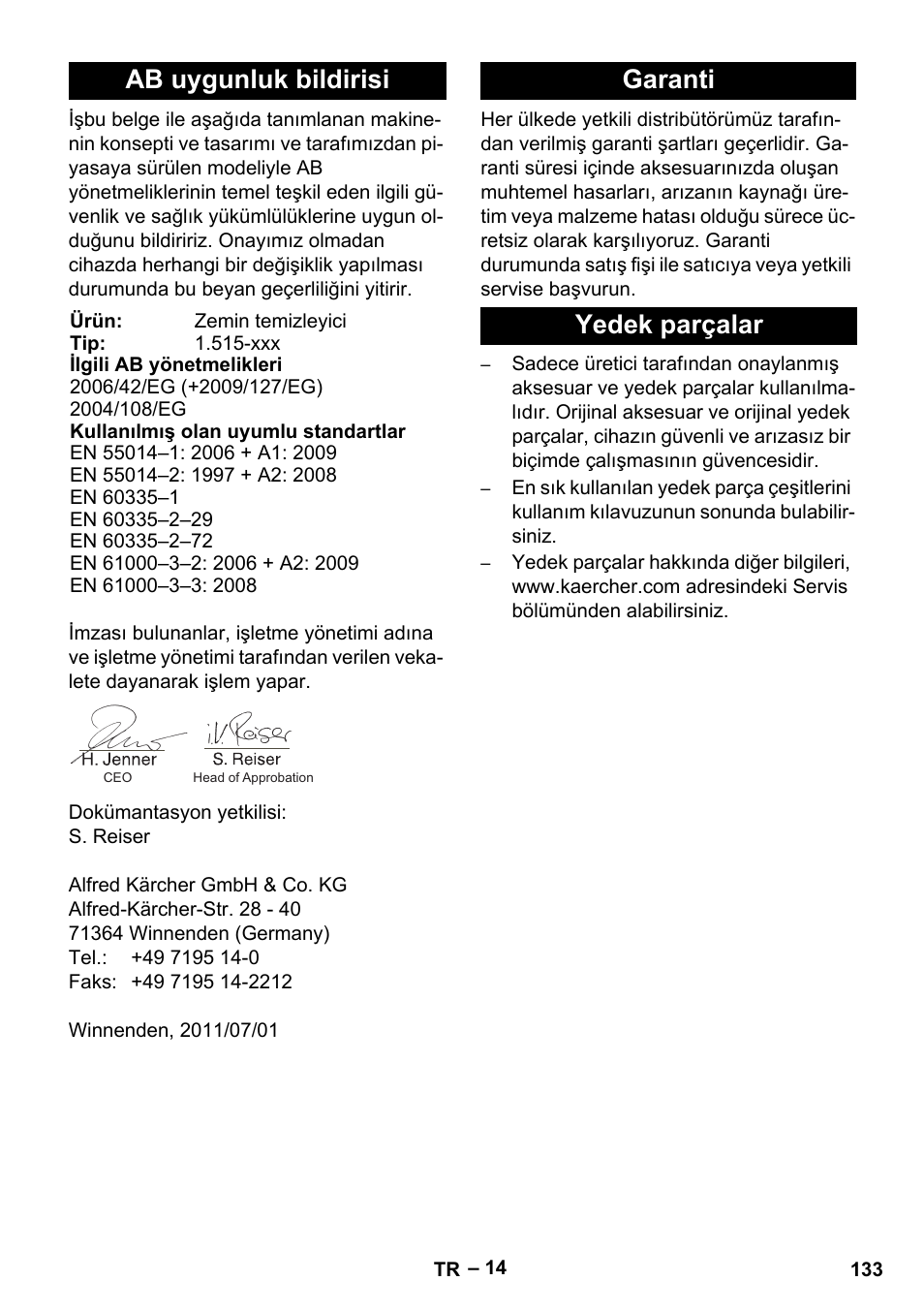 Ab uygunluk bildirisi, Garanti yedek parçalar | Karcher BR 40-25 C Bp Pack User Manual | Page 133 / 136