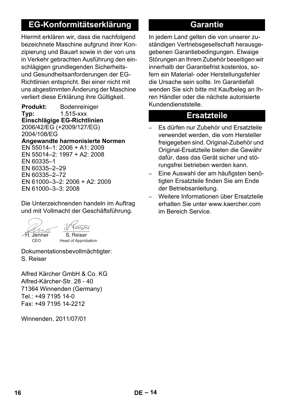 Eg-konformitätserklärung, Garantie ersatzteile | Karcher BR 40-25 C Bp Pack User Manual | Page 16 / 136