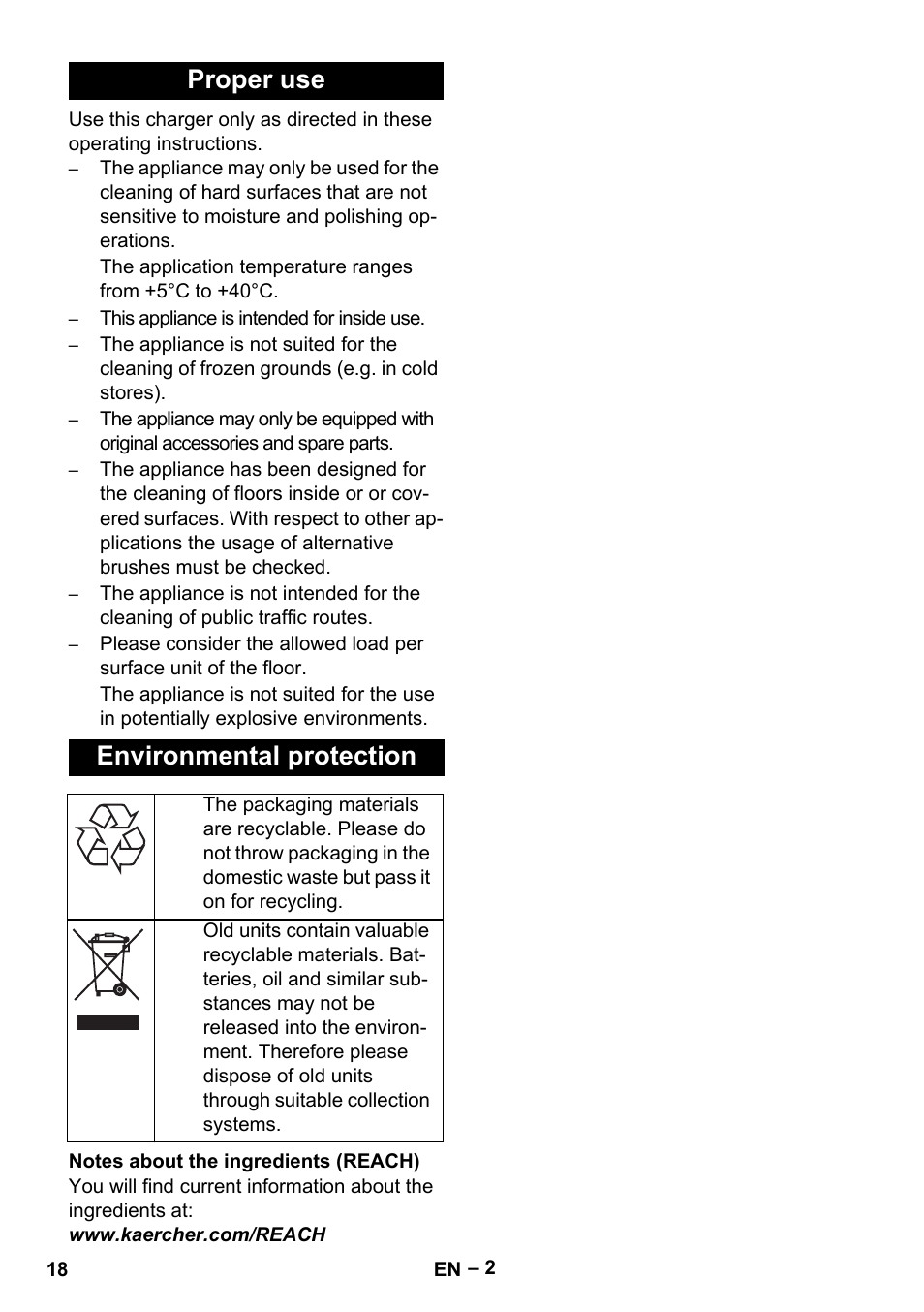 Proper use environmental protection | Karcher BR 40-25 C Bp Pack User Manual | Page 18 / 136