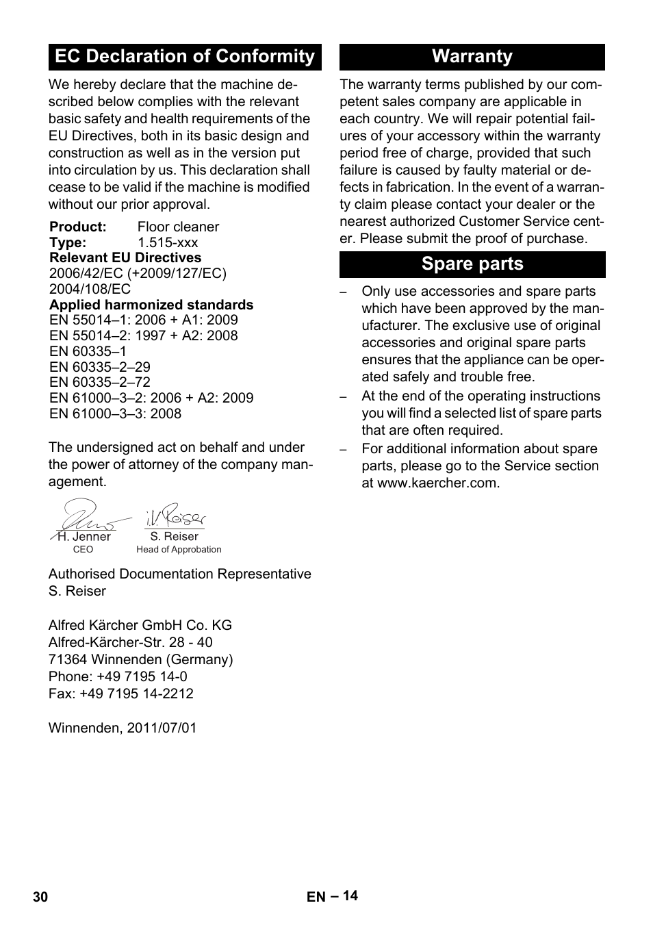 Ec declaration of conformity, Warranty spare parts | Karcher BR 40-25 C Bp Pack User Manual | Page 30 / 136