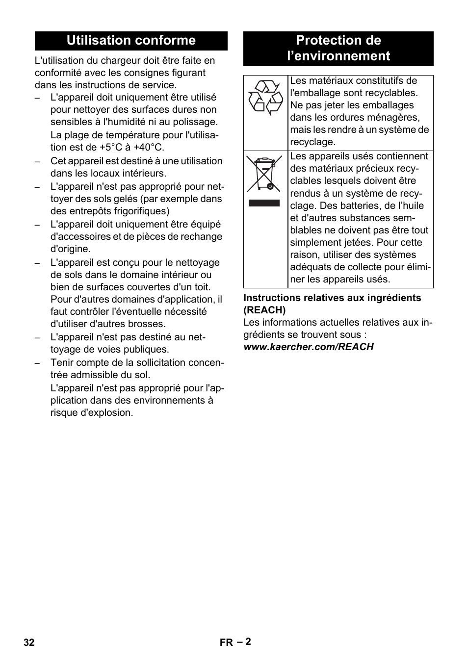 Utilisation conforme protection de l’environnement | Karcher BR 40-25 C Bp Pack User Manual | Page 32 / 136