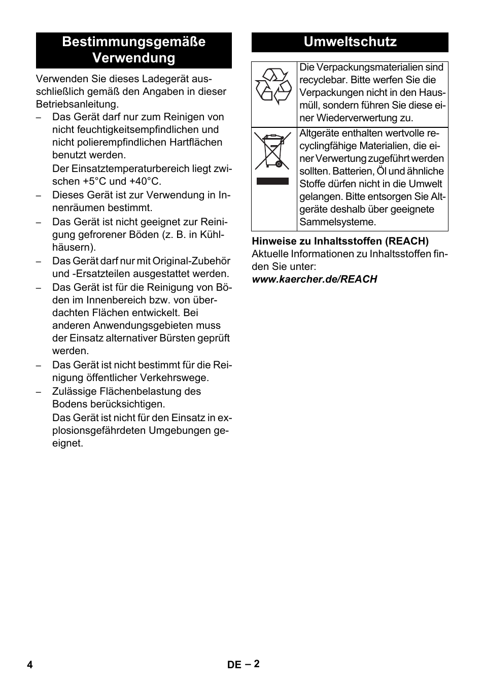 Bestimmungsgemäße verwendung umweltschutz | Karcher BR 40-25 C Bp Pack User Manual | Page 4 / 136