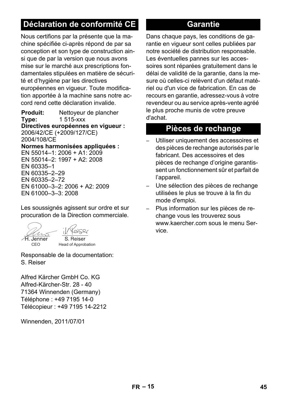 Déclaration de conformité ce, Garantie pièces de rechange | Karcher BR 40-25 C Bp Pack User Manual | Page 45 / 136