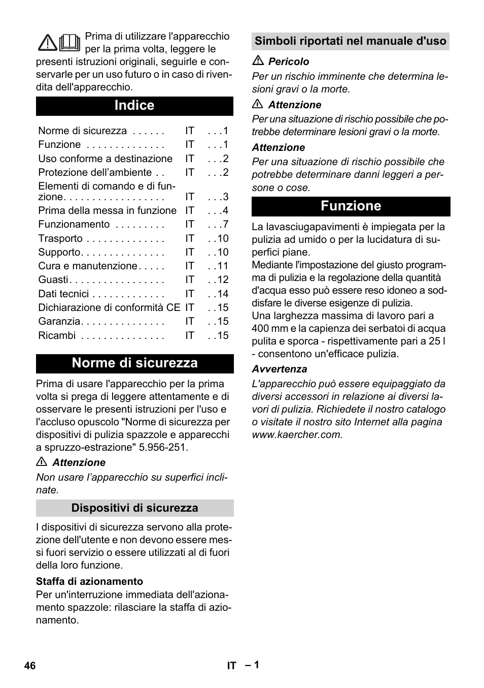 Italiano, Indice, Norme di sicurezza | Funzione | Karcher BR 40-25 C Bp Pack User Manual | Page 46 / 136