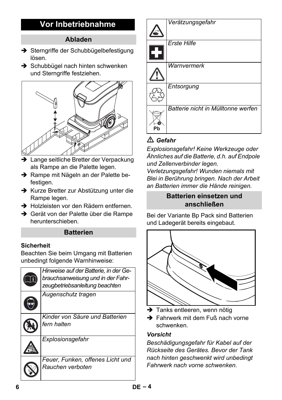 Vor inbetriebnahme | Karcher BR 40-25 C Bp Pack User Manual | Page 6 / 136