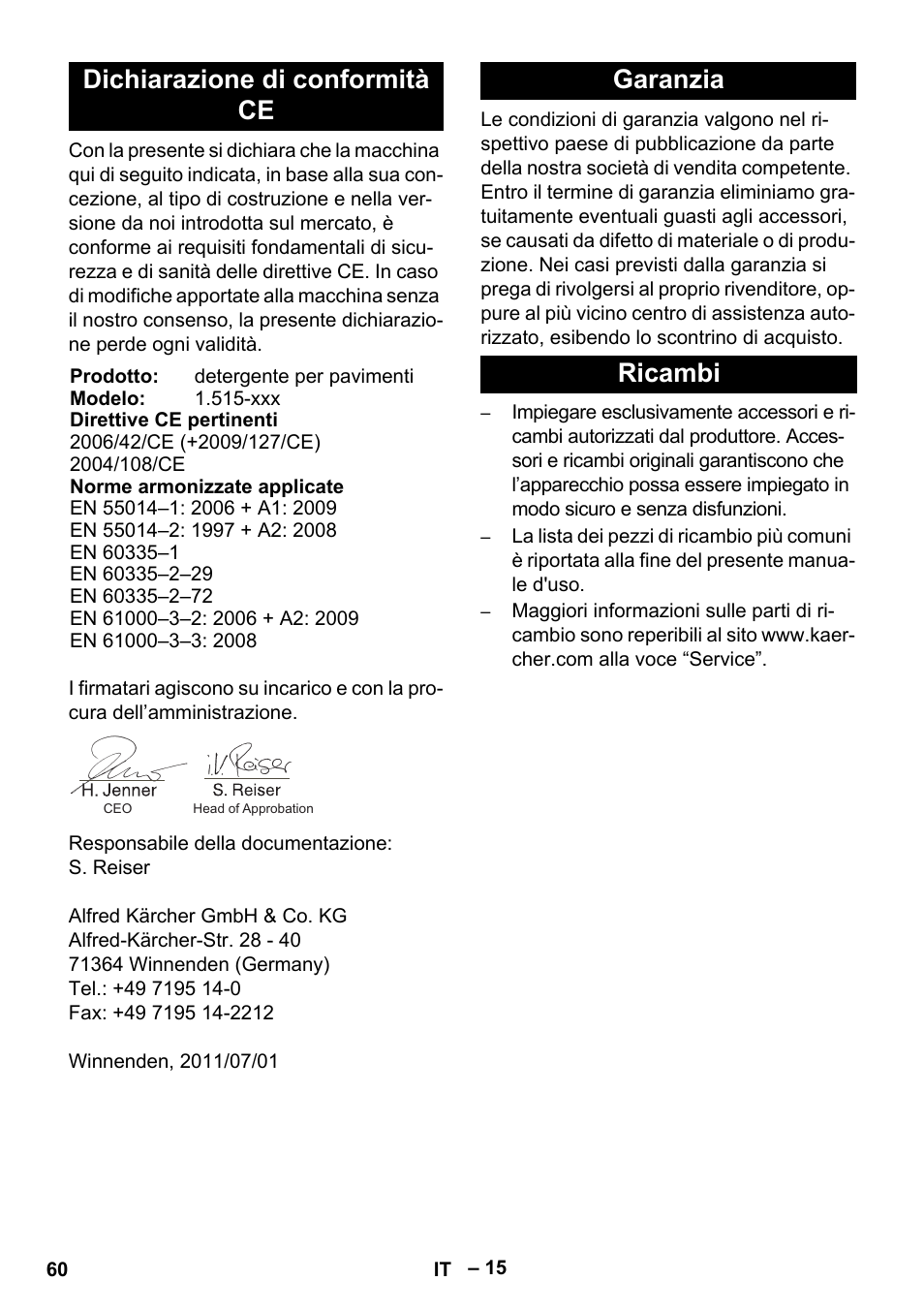 Dichiarazione di conformità ce, Garanzia ricambi | Karcher BR 40-25 C Bp Pack User Manual | Page 60 / 136