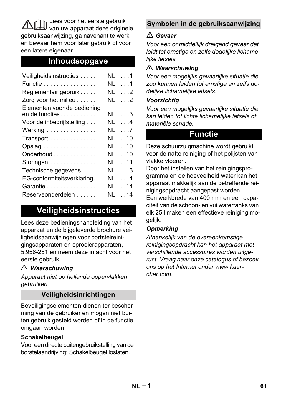 Nederlands, Inhoudsopgave, Veiligheidsinstructies | Functie | Karcher BR 40-25 C Bp Pack User Manual | Page 61 / 136