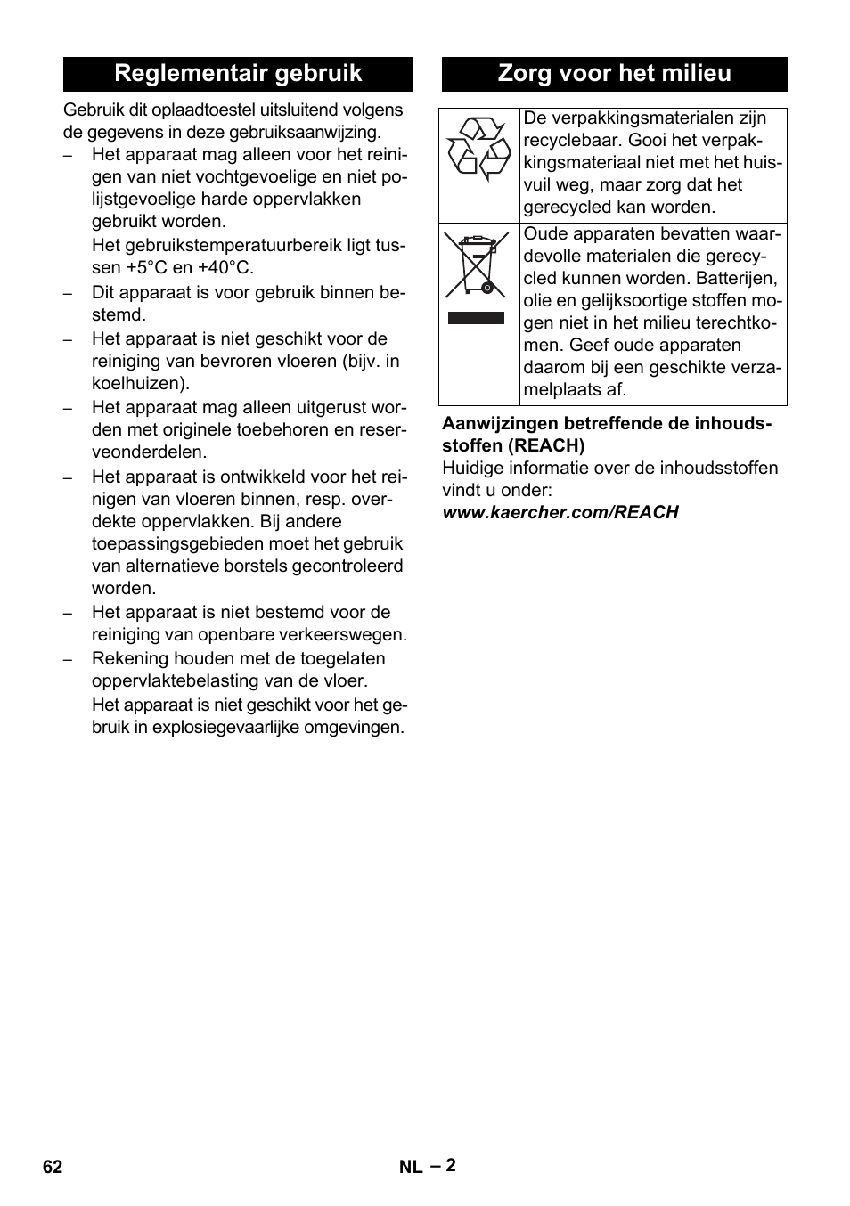 Reglementair gebruik zorg voor het milieu | Karcher BR 40-25 C Bp Pack User Manual | Page 62 / 136