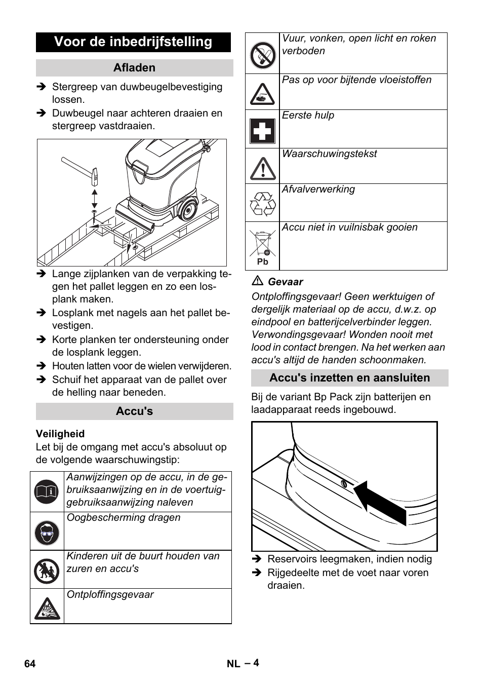 Voor de inbedrijfstelling | Karcher BR 40-25 C Bp Pack User Manual | Page 64 / 136