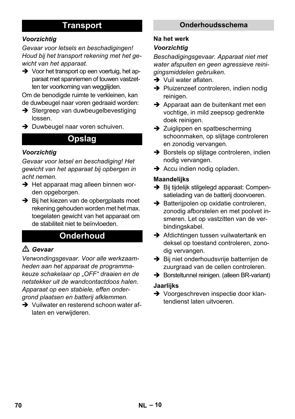 Transport opslag onderhoud | Karcher BR 40-25 C Bp Pack User Manual | Page 70 / 136