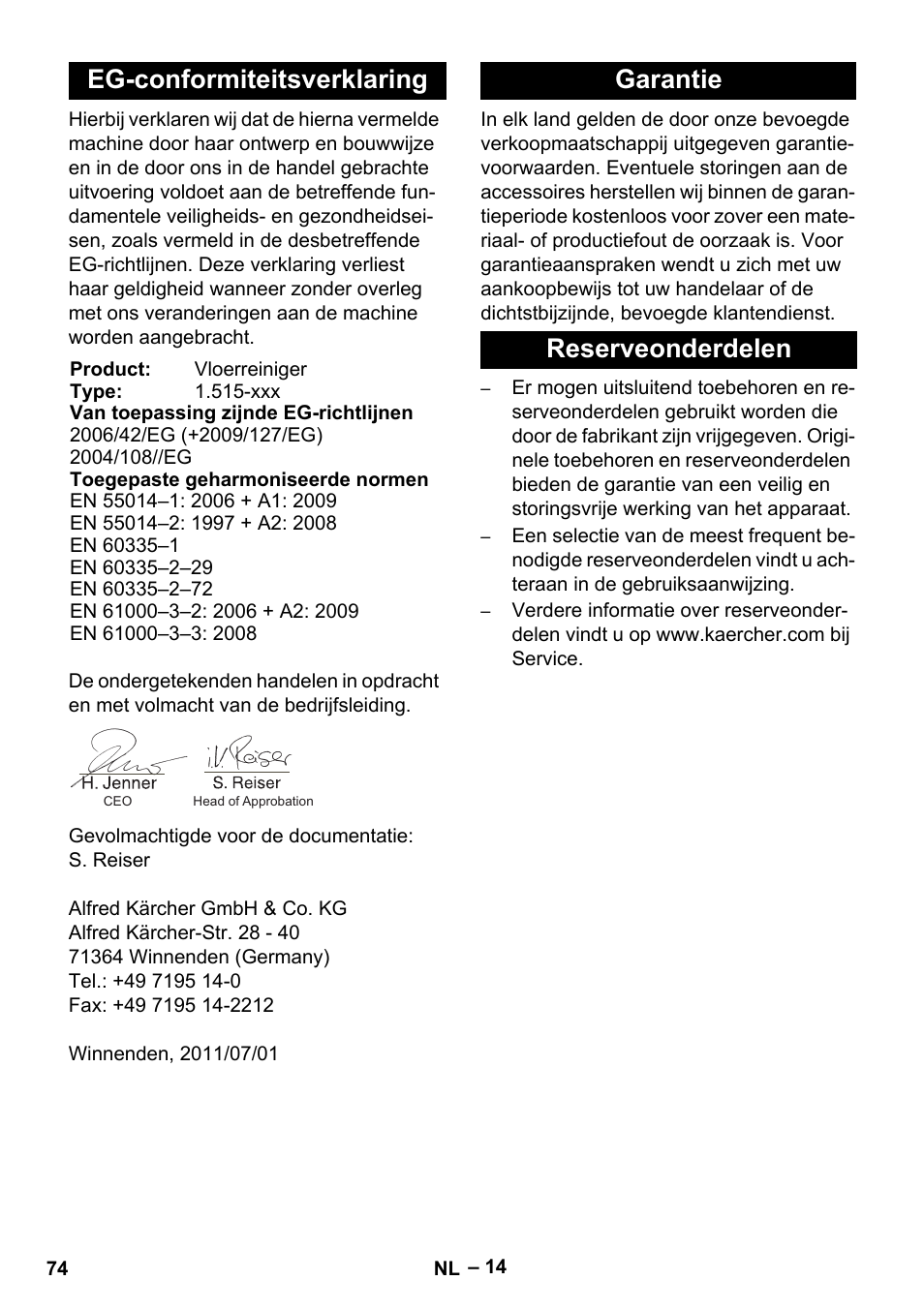 Eg-conformiteitsverklaring, Garantie reserveonderdelen | Karcher BR 40-25 C Bp Pack User Manual | Page 74 / 136