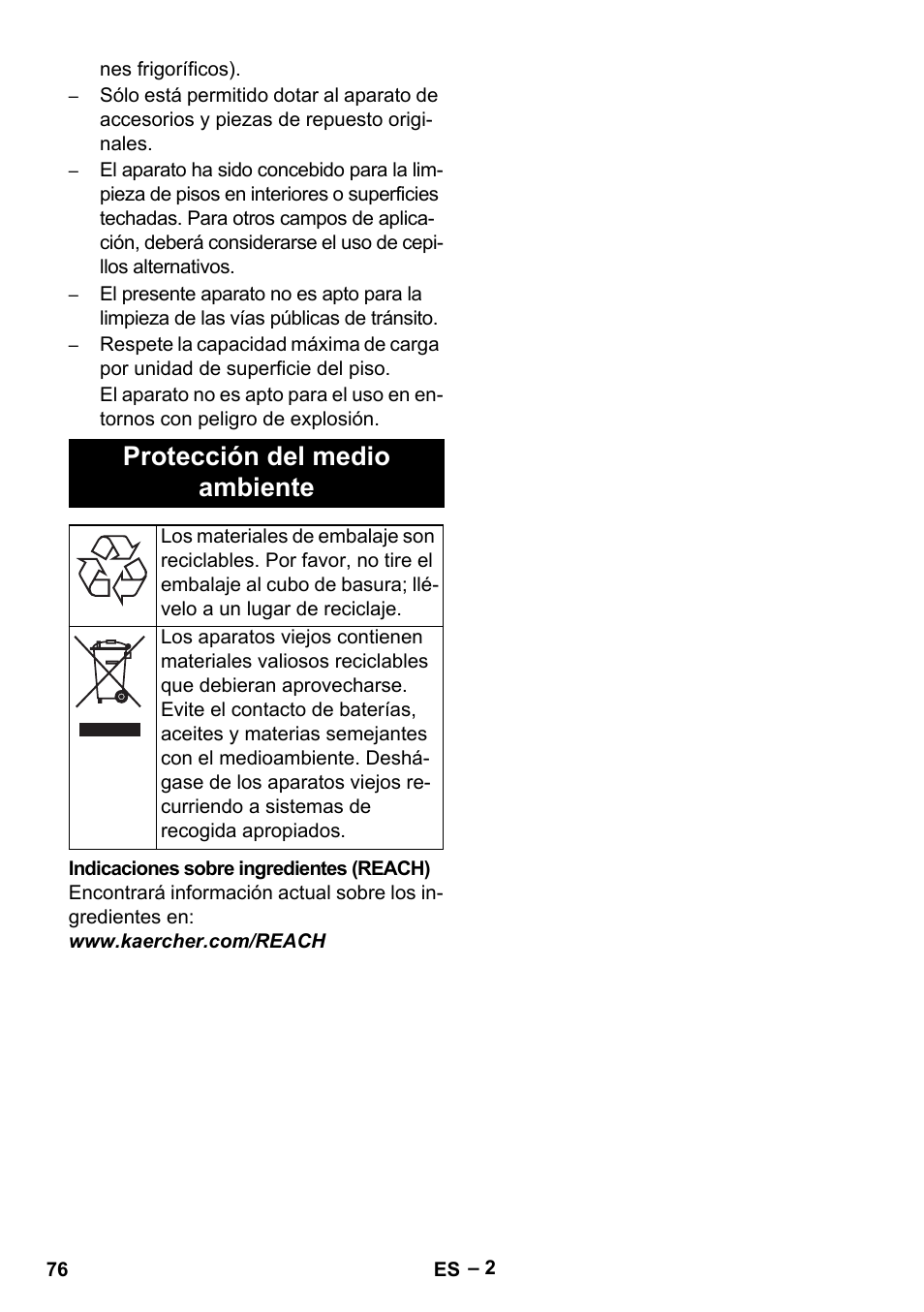 Protección del medio ambiente | Karcher BR 40-25 C Bp Pack User Manual | Page 76 / 136