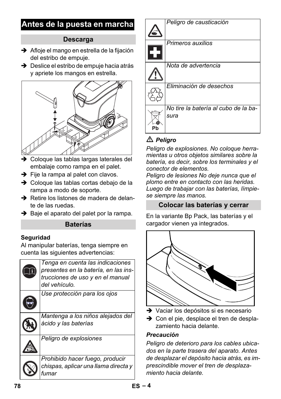 Antes de la puesta en marcha | Karcher BR 40-25 C Bp Pack User Manual | Page 78 / 136