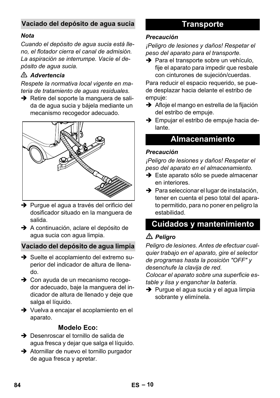 Transporte almacenamiento cuidados y mantenimiento | Karcher BR 40-25 C Bp Pack User Manual | Page 84 / 136