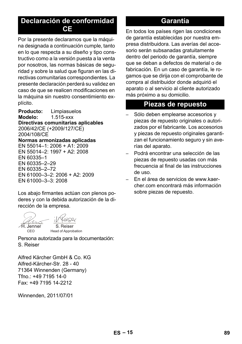 Declaración de conformidad ce, Garantía piezas de repuesto | Karcher BR 40-25 C Bp Pack User Manual | Page 89 / 136