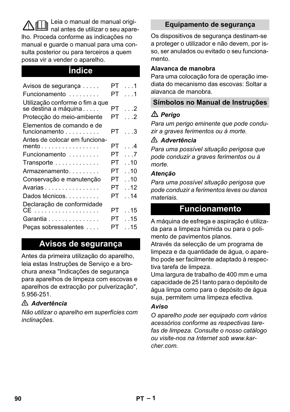 Português, Índice, Avisos de segurança | Funcionamento | Karcher BR 40-25 C Bp Pack User Manual | Page 90 / 136