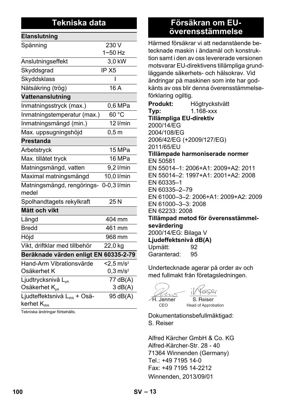 Tekniska data, Försäkran om eu- överensstämmelse | Karcher K 7 Premium User Manual | Page 100 / 288