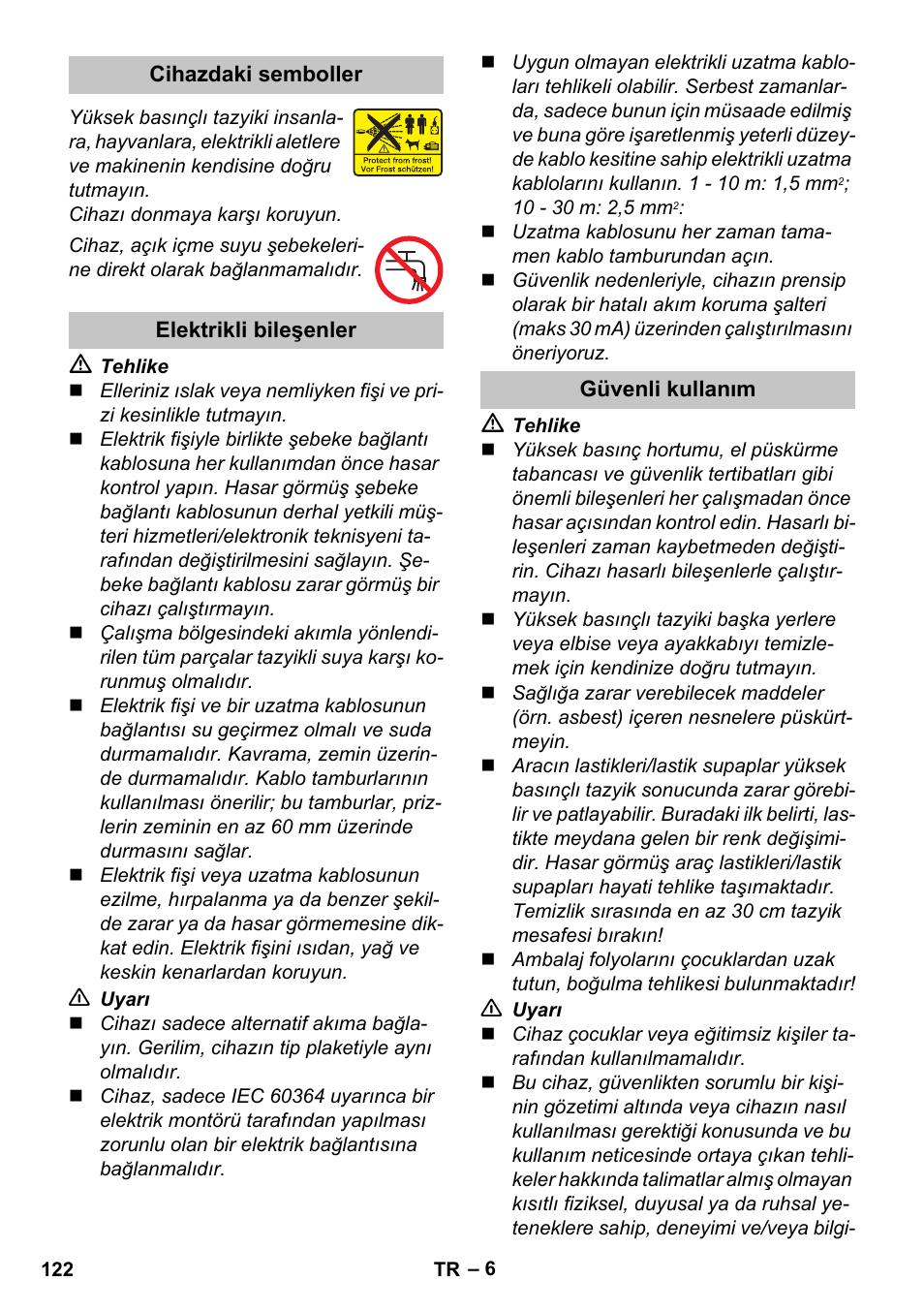 Cihazdaki semboller, Elektrikli bileşenler, Güvenli kullanım | Karcher K 7 Premium User Manual | Page 122 / 288