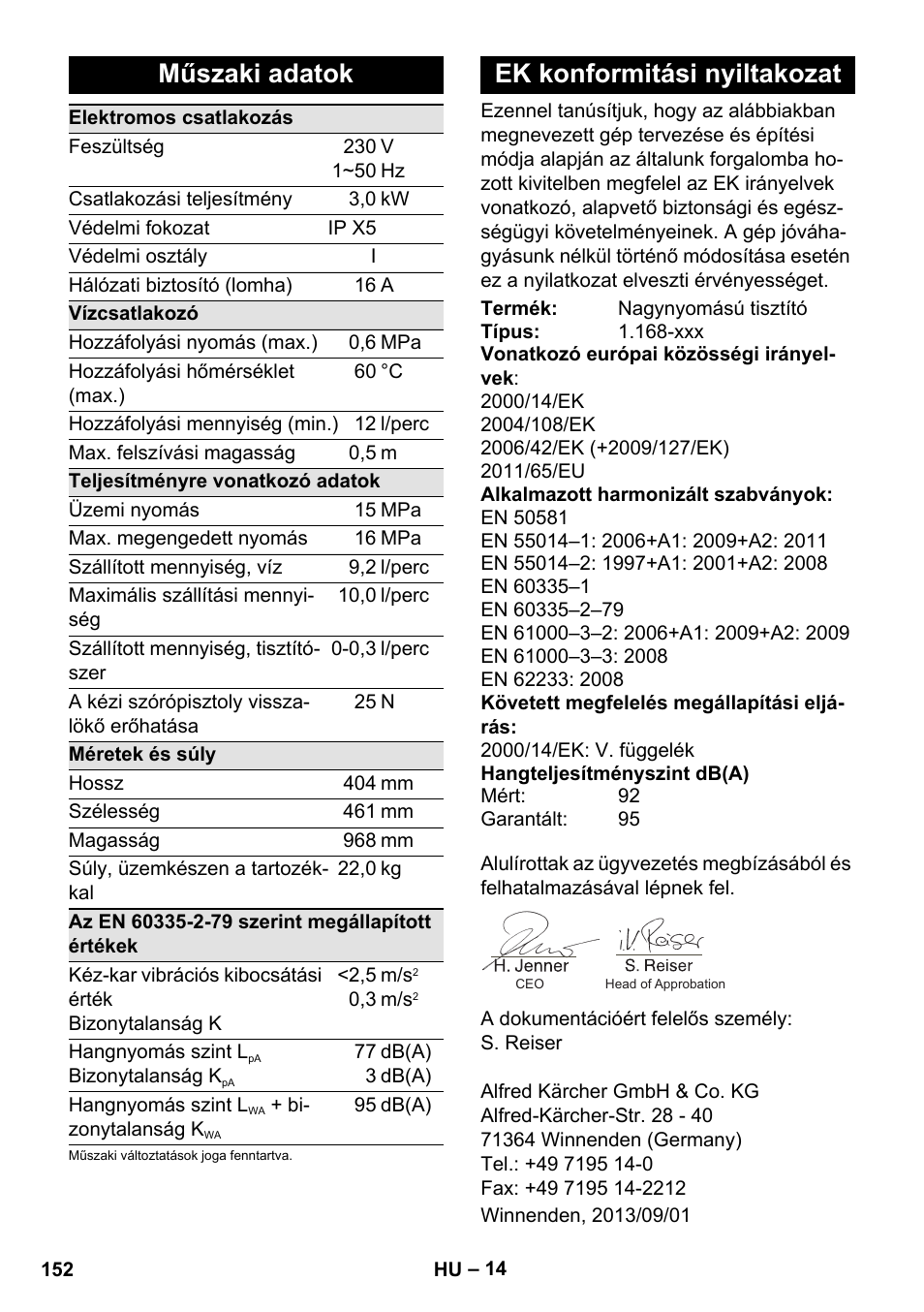 Műszaki adatok, Ek konformitási nyiltakozat | Karcher K 7 Premium User Manual | Page 152 / 288