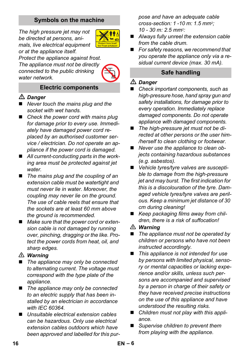 Symbols on the machine, Electric components, Safe handling | Karcher K 7 Premium User Manual | Page 16 / 288