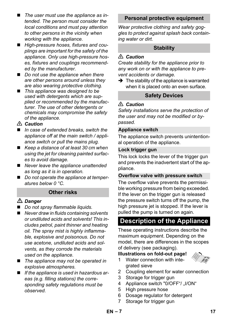 Other risks, Personal protective equipment, Stability | Safety devices, Appliance switch, Lock trigger gun, Overflow valve with pressure switch, Description of the appliance | Karcher K 7 Premium User Manual | Page 17 / 288