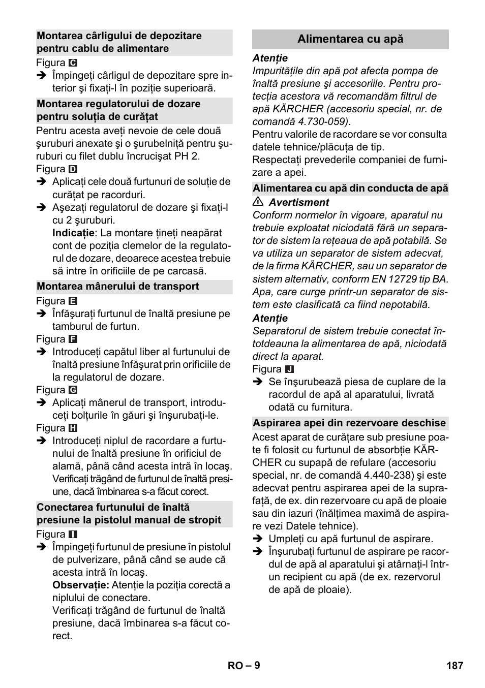 Montarea mânerului de transport, Alimentarea cu apă, Alimentarea cu apă din conducta de apă | Aspirarea apei din rezervoare deschise | Karcher K 7 Premium User Manual | Page 187 / 288