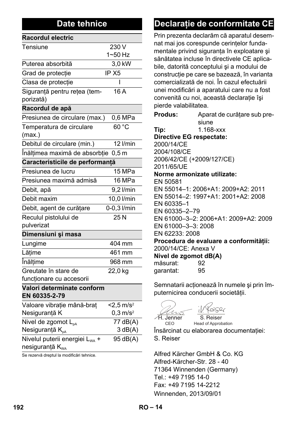 Date tehnice, Declaraţie de conformitate ce | Karcher K 7 Premium User Manual | Page 192 / 288