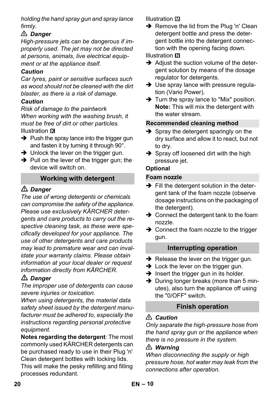 Working with detergent, Recommended cleaning method, Foam nozzle | Interrupting operation, Finish operation | Karcher K 7 Premium User Manual | Page 20 / 288