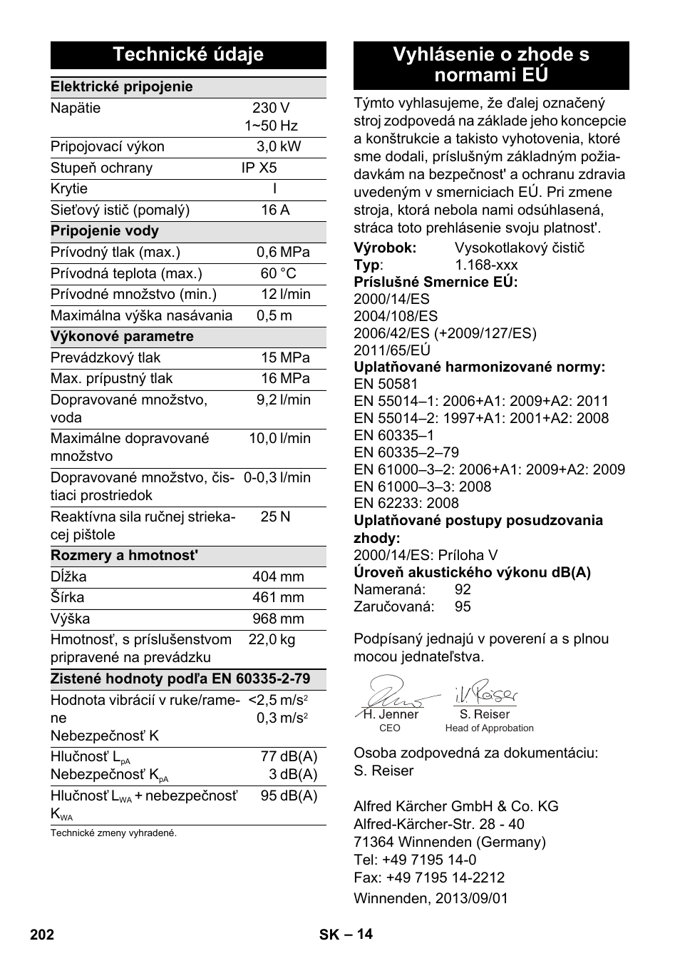 Technické údaje, Vyhlásenie o zhode s normami eú | Karcher K 7 Premium User Manual | Page 202 / 288
