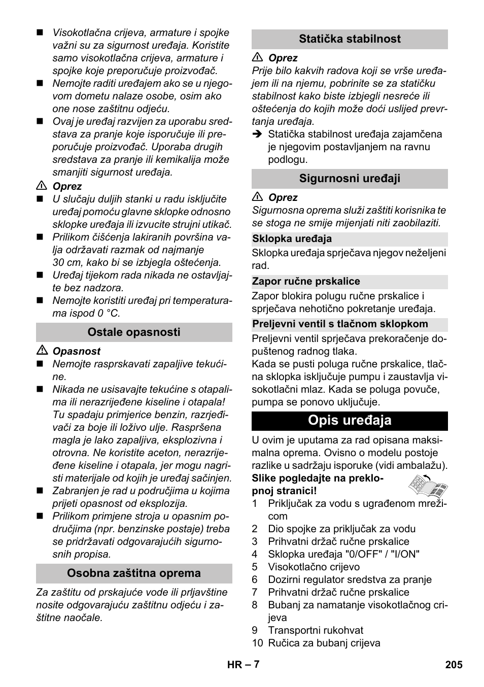 Ostale opasnosti, Osobna zaštitna oprema, Statička stabilnost | Sigurnosni uređaji, Sklopka uređaja, Zapor ručne prskalice, Preljevni ventil s tlačnom sklopkom, Opis uređaja | Karcher K 7 Premium User Manual | Page 205 / 288