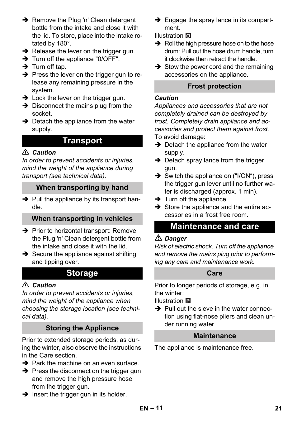 Transport, When transporting by hand, When transporting in vehicles | Storage, Storing the appliance, Frost protection, Maintenance and care, Care, Maintenance | Karcher K 7 Premium User Manual | Page 21 / 288