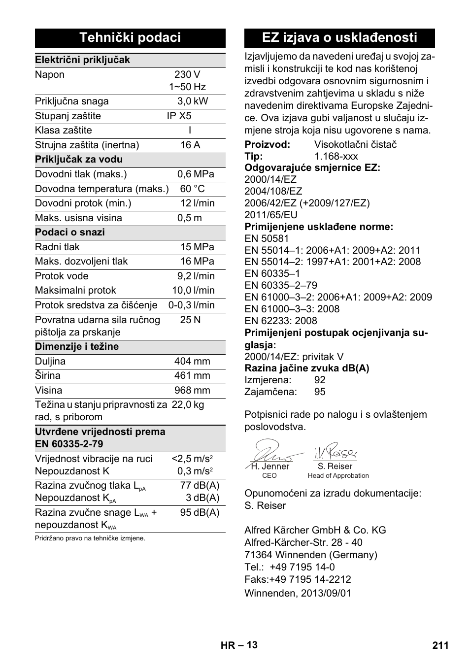 Tehnički podaci, Ez izjava o usklađenosti | Karcher K 7 Premium User Manual | Page 211 / 288