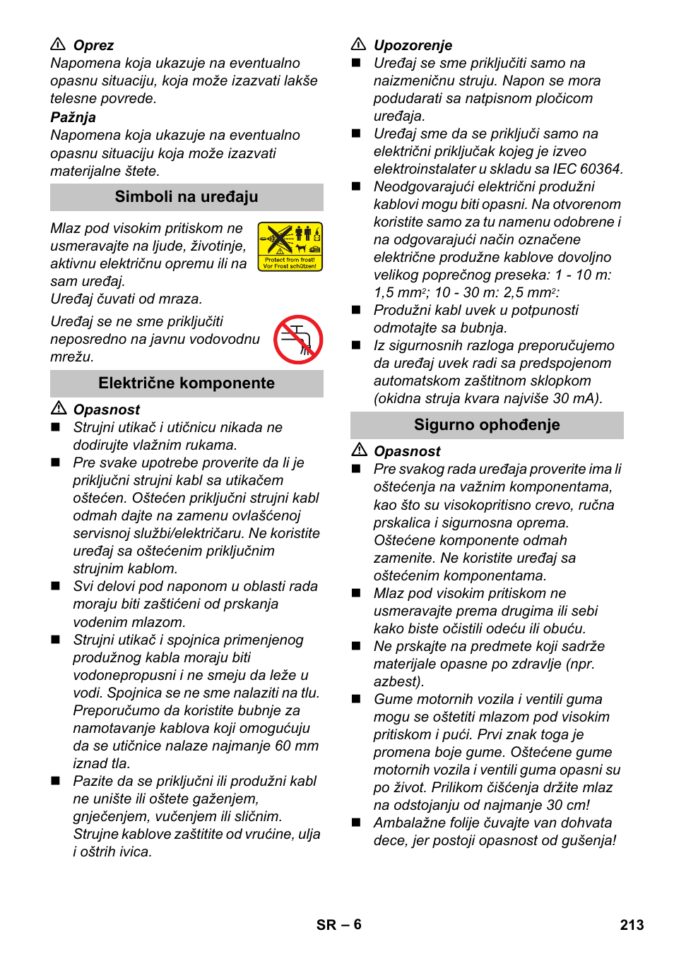 Simboli na uređaju, Električne komponente, Sigurno ophođenje | Karcher K 7 Premium User Manual | Page 213 / 288