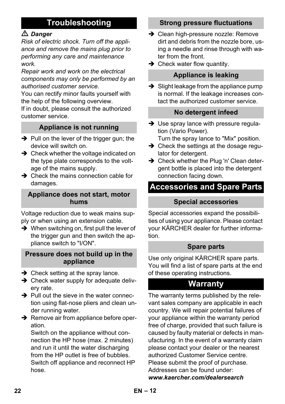 Troubleshooting, Appliance is not running, Appliance does not start, motor hums | Pressure does not build up in the appliance, Strong pressure fluctuations, Appliance is leaking, No detergent infeed, Accessories and spare parts, Special accessories, Spare parts | Karcher K 7 Premium User Manual | Page 22 / 288