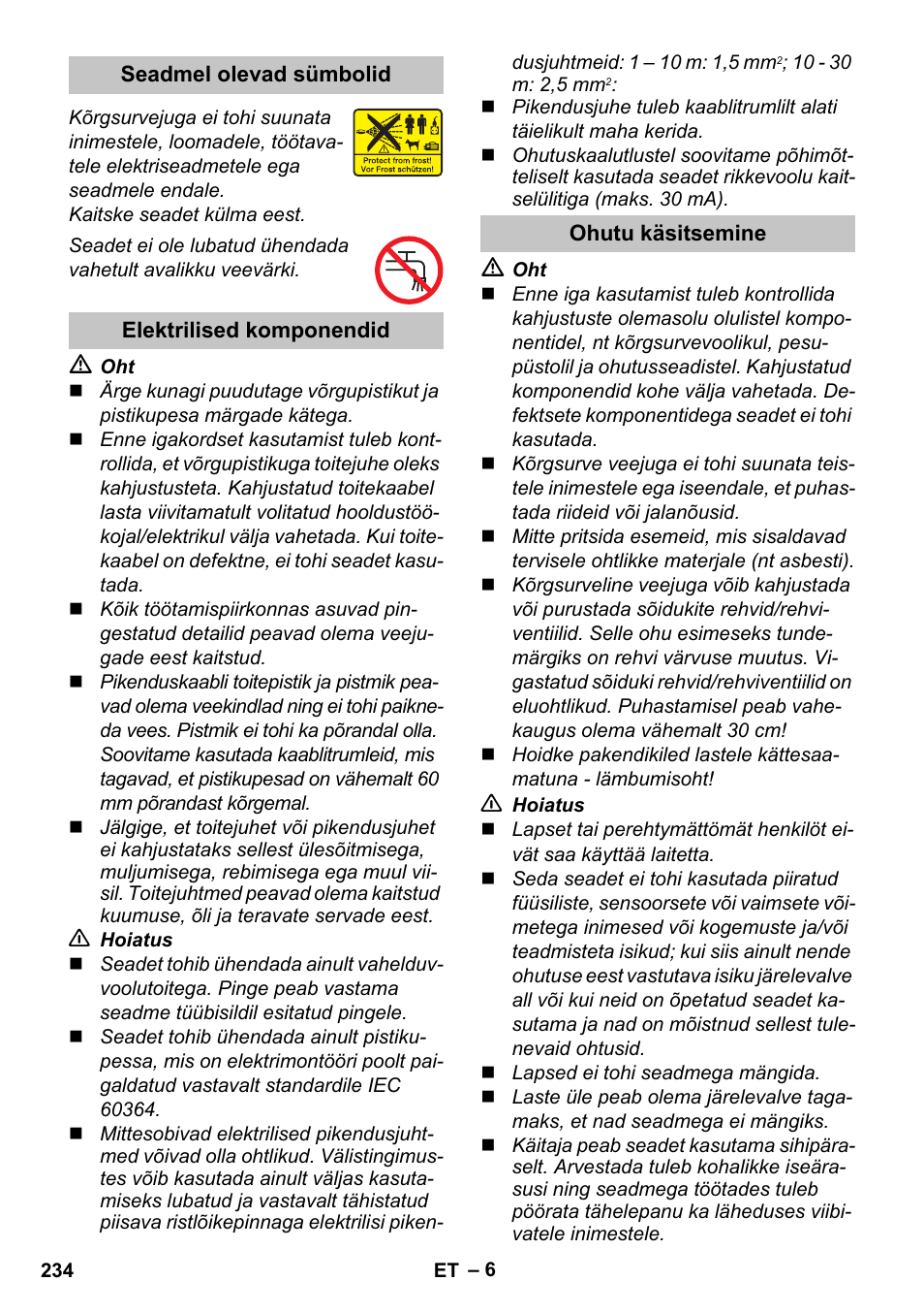 Seadmel olevad sümbolid, Elektrilised komponendid, Ohutu käsitsemine | Karcher K 7 Premium User Manual | Page 234 / 288