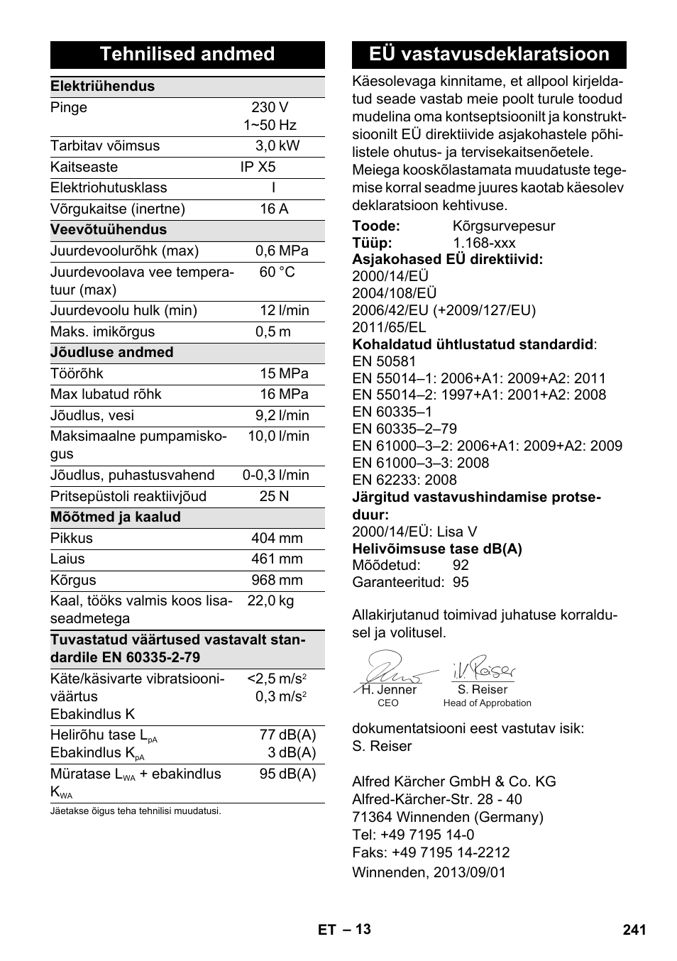 Tehnilised andmed, Eü vastavusdeklaratsioon | Karcher K 7 Premium User Manual | Page 241 / 288