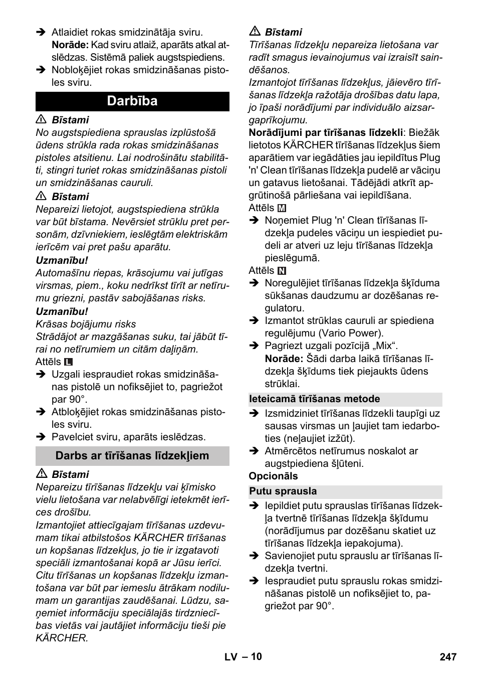 Darbība, Darbs ar tīrīšanas līdzekļiem, Ieteicamā tīrīšanas metode | Putu sprausla | Karcher K 7 Premium User Manual | Page 247 / 288