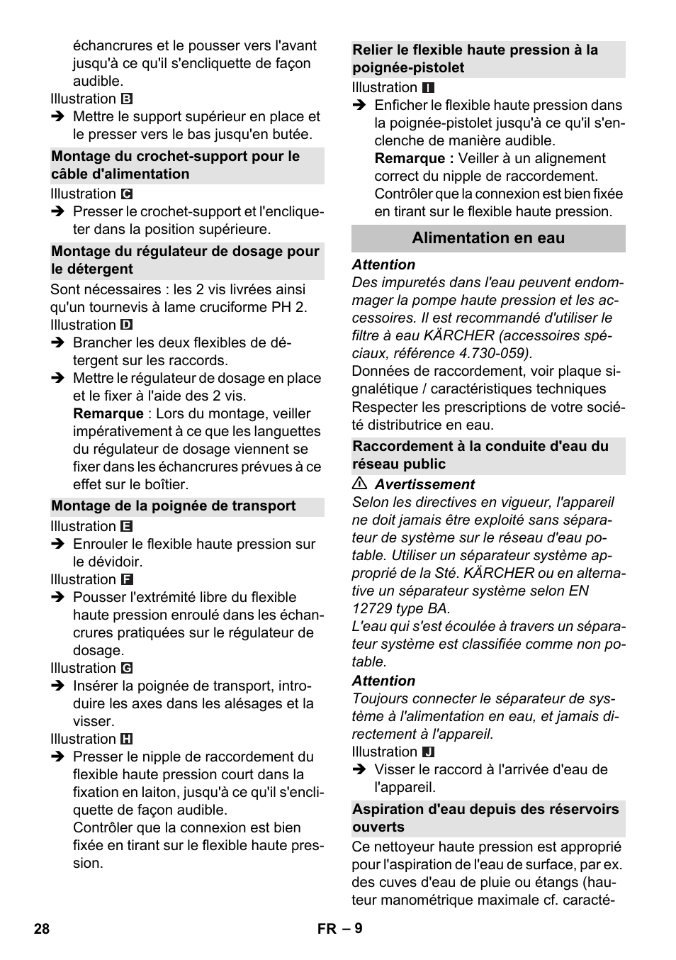 Montage du régulateur de dosage pour le détergent, Montage de la poignée de transport, Alimentation en eau | Raccordement à la conduite d'eau du réseau public, Aspiration d'eau depuis des réservoirs ouverts | Karcher K 7 Premium User Manual | Page 28 / 288