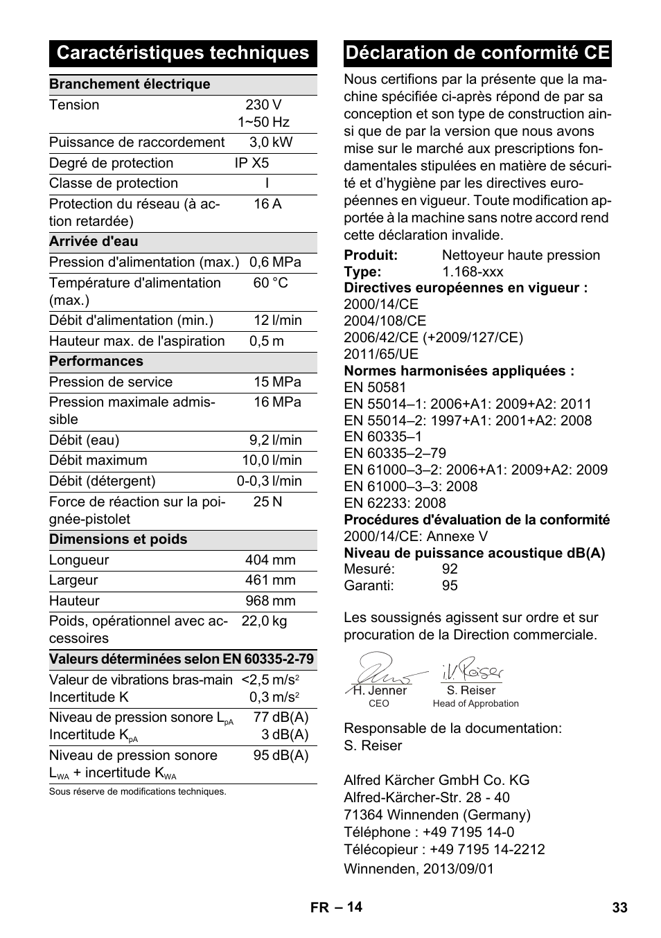 Caractéristiques techniques, Déclaration de conformité ce | Karcher K 7 Premium User Manual | Page 33 / 288