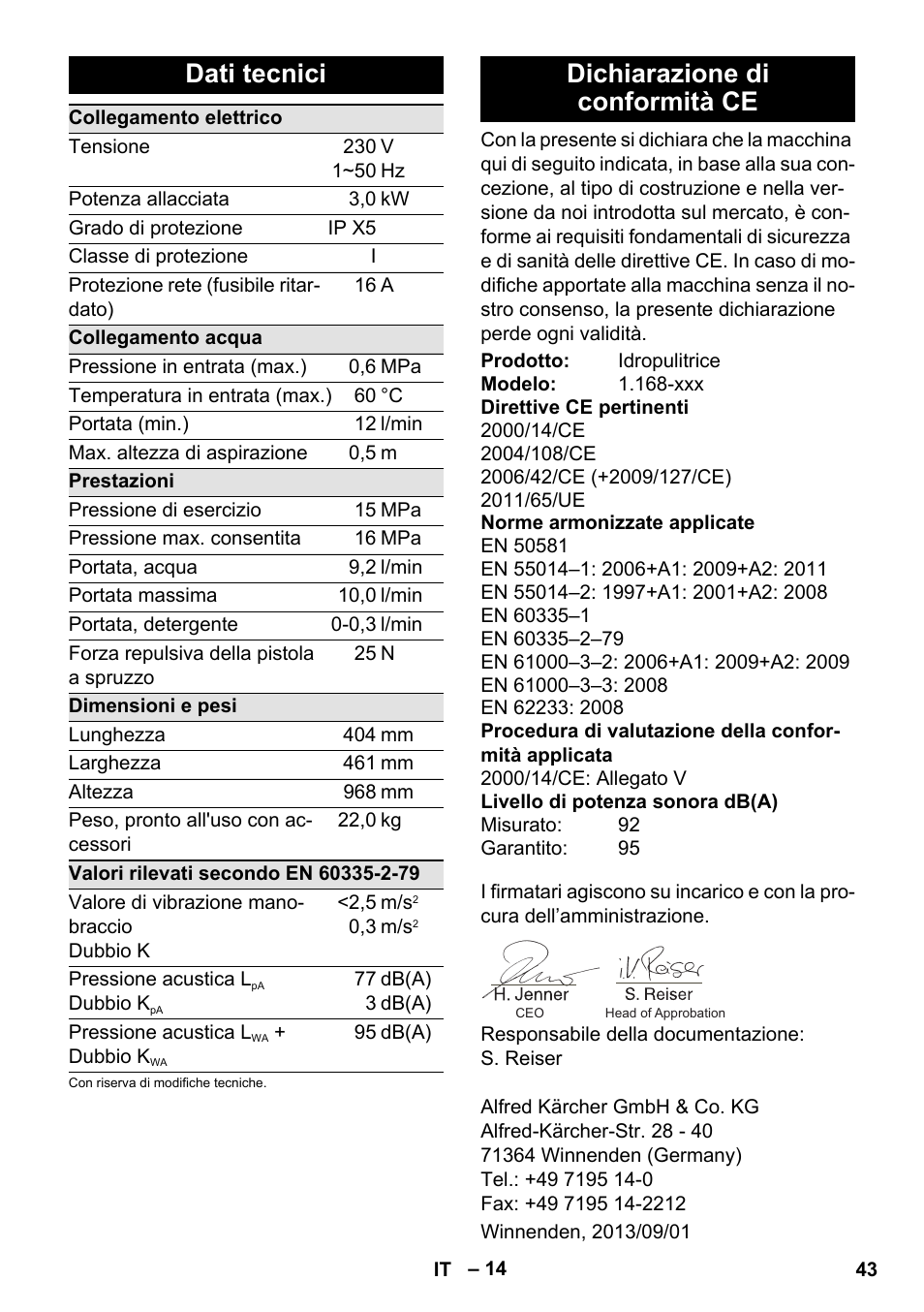 Dati tecnici, Dichiarazione di conformità ce | Karcher K 7 Premium User Manual | Page 43 / 288