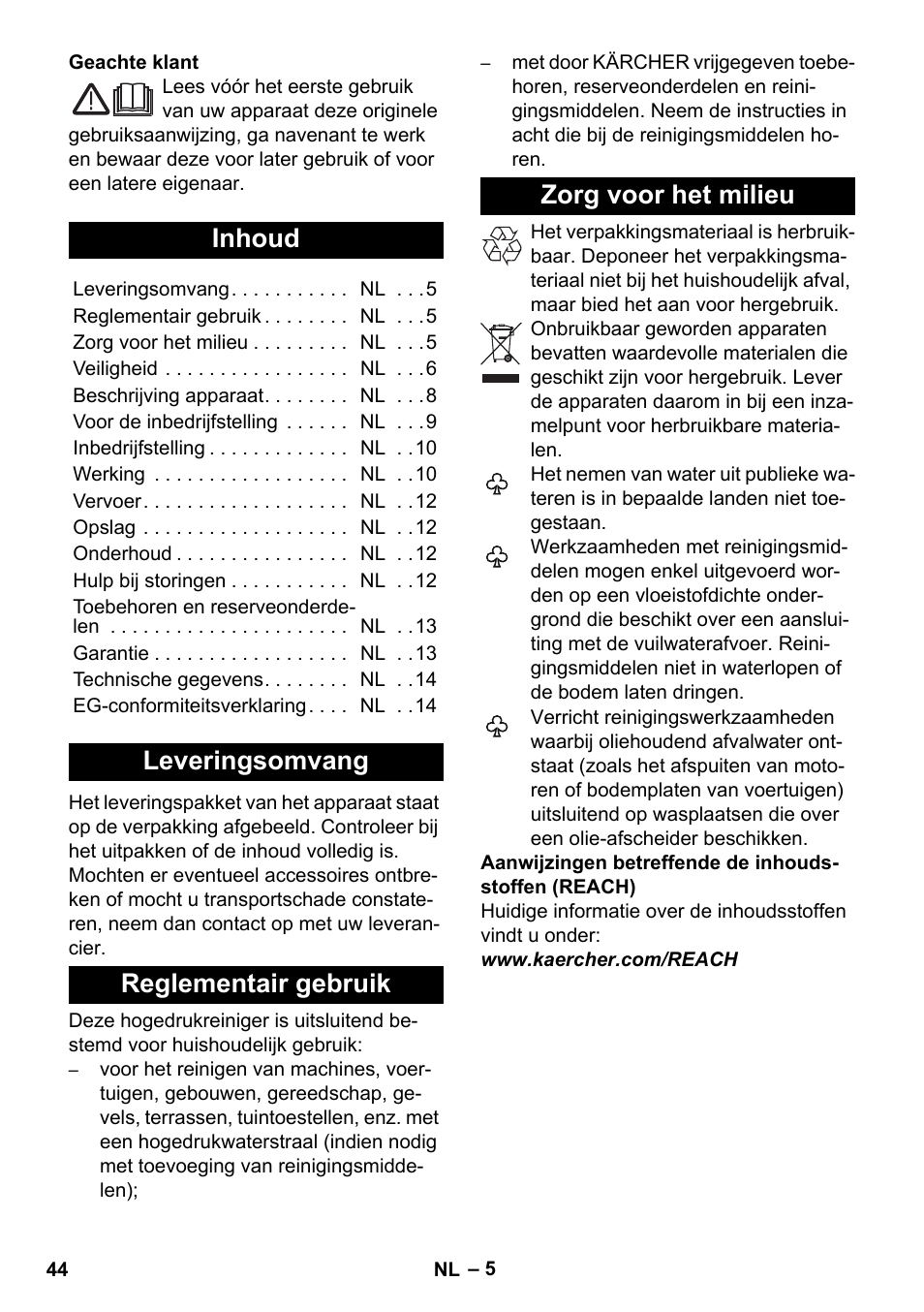 Nederlands, Inhoud, Leveringsomvang | Reglementair gebruik, Zorg voor het milieu | Karcher K 7 Premium User Manual | Page 44 / 288