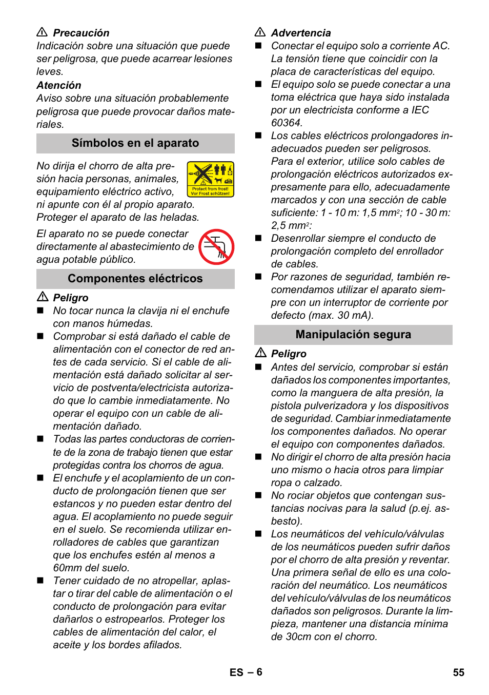 Símbolos en el aparato, Componentes eléctricos, Manipulación segura | Karcher K 7 Premium User Manual | Page 55 / 288