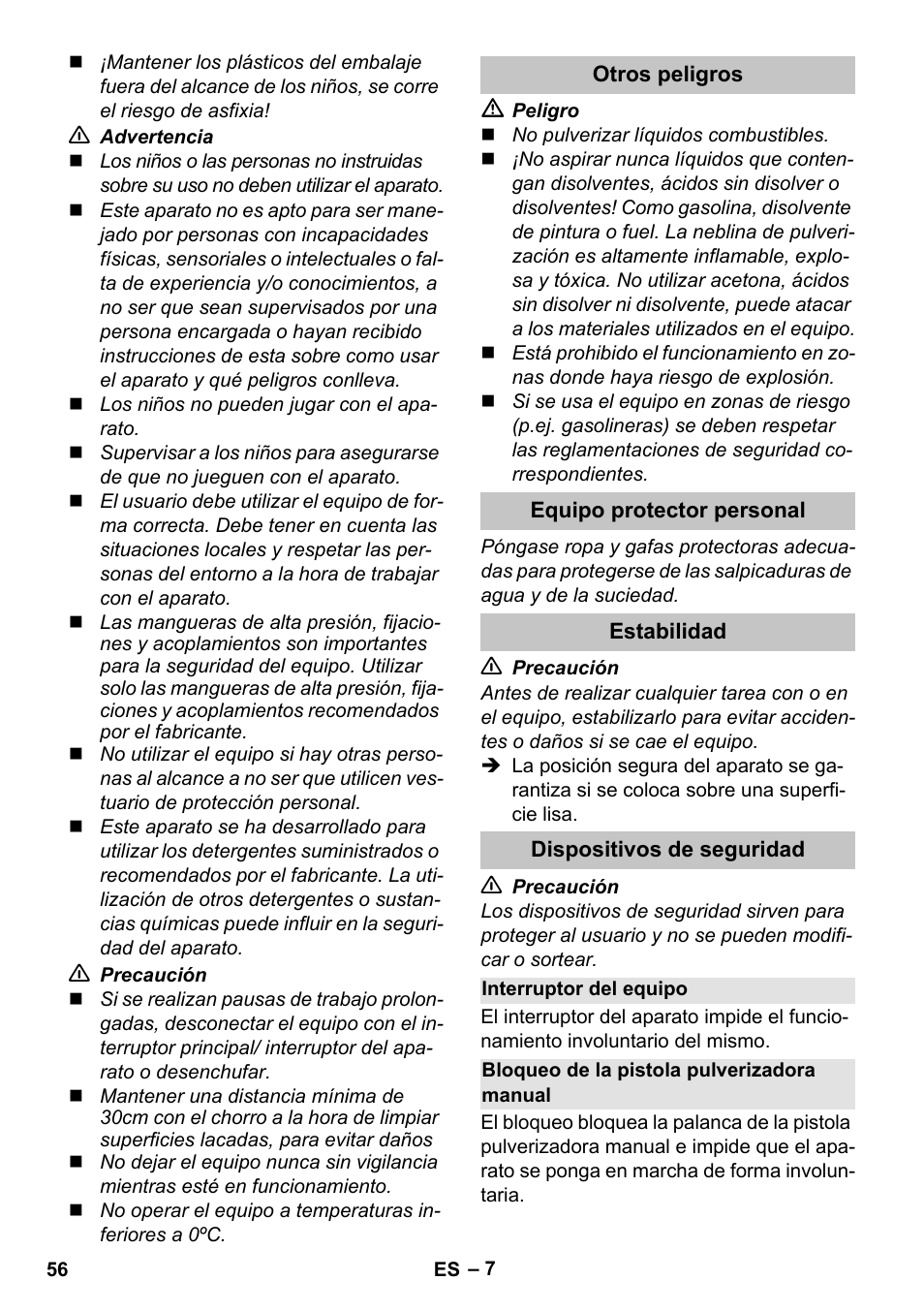 Otros peligros, Equipo protector personal, Estabilidad | Dispositivos de seguridad, Interruptor del equipo, Bloqueo de la pistola pulverizadora manual | Karcher K 7 Premium User Manual | Page 56 / 288