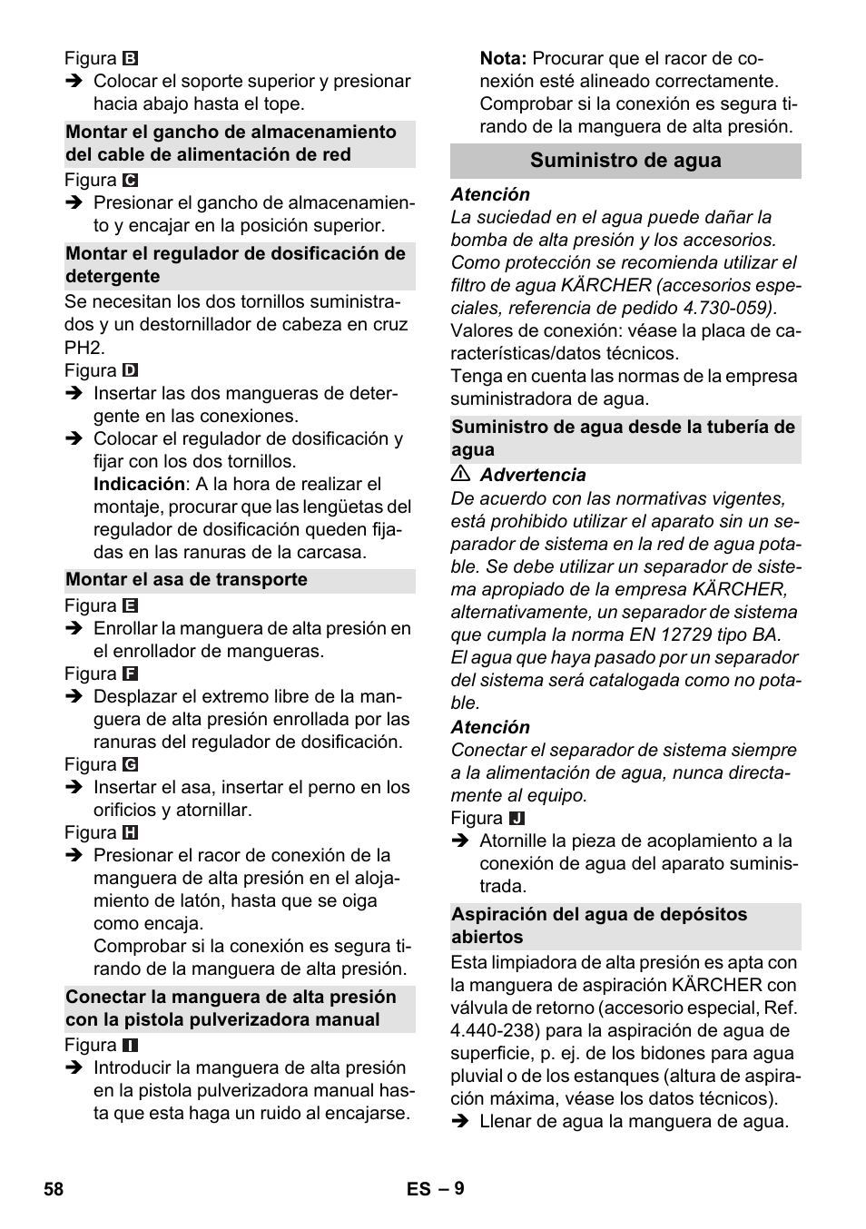 Montar el regulador de dosificación de detergente, Montar el asa de transporte, Suministro de agua | Suministro de agua desde la tubería de agua, Aspiración del agua de depósitos abiertos | Karcher K 7 Premium User Manual | Page 58 / 288