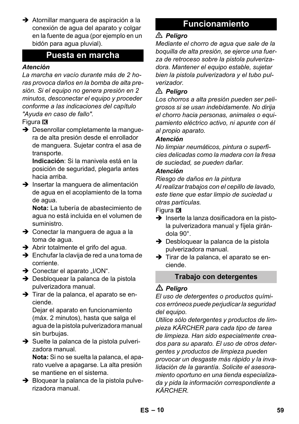 Puesta en marcha, Funcionamiento, Trabajo con detergentes | Puesta en marcha funcionamiento | Karcher K 7 Premium User Manual | Page 59 / 288